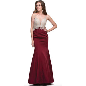 NWT Abby Paris Trumpet Illusion Gown, Burgundy, 93019, Sz 6